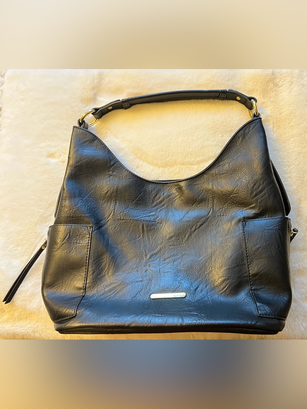 Large Black Faux Leather Slouch Hobo Shoulder Bag with Gold Hardware